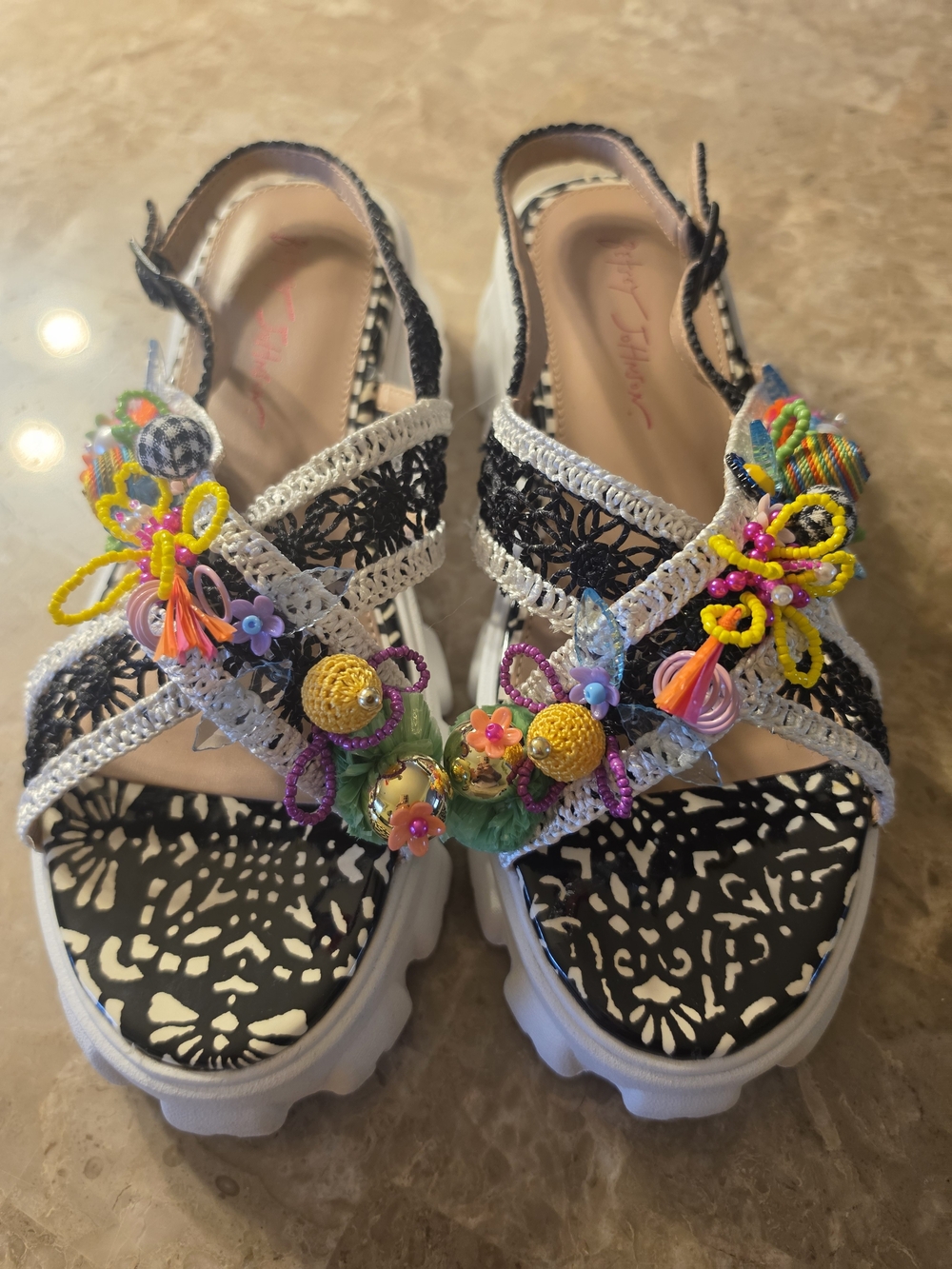 Betsey Johnson Black & White Crochet Platform Sandals with Colorful Bead Accents
